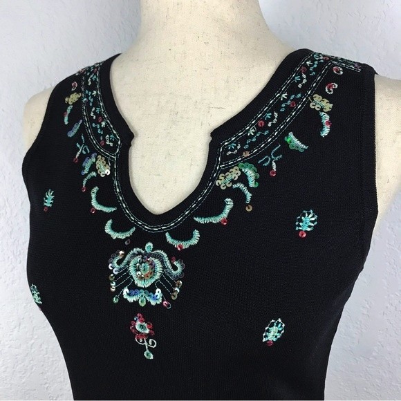 Joseph A. Vintage Black Sleeveless Blouse Embroidered Sequin Tribal Asian Y2K 90 - Picture 7 of 14
